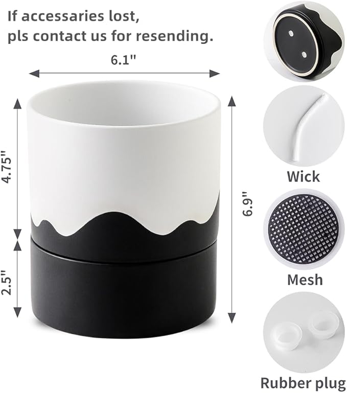 Nihow Self Watering Plant Pot: 6 Inch Ceramic Planter with Drainage Hole & Water Storage Plus for Indoor & Outdoor Plants - Cylinder Round Flower Pot for Succulent/Herbs/Violets - White & Wave Black - Bloomnest