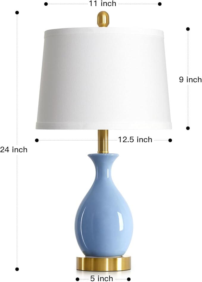 24″ Light Blue Ceramic Table Lamps Set of 2, Modern Classic Bedside Lamps for Bedroom Nightstand, Small Table Lamp for Living Room Side Table (2 LED Bulbs Included) - Bloomnest