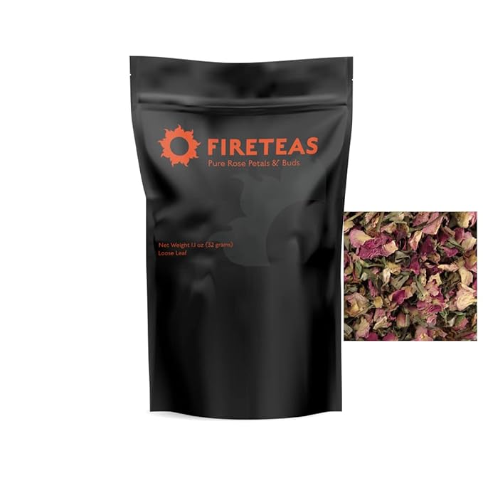FIRE TEAS Pure Rose Tea - Dried Rose Petals, Buds & Flowers - Packaged in the USA.