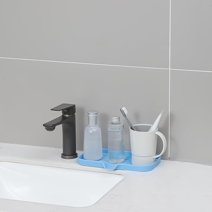 Silicone Bathroom Soap Dishes with Drain Spout-Bathroom and Kitchen Sink Organizer,Sponge Holder,Dish Soap Tray,Perfect for Dispenser,Scrubber,Bottle on Sink or Counter-Light Blue 9.6"×5.3" - Bloomnest