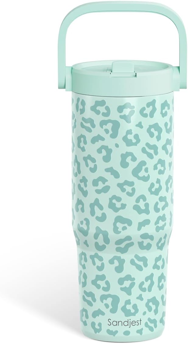 SANDJEST Leopard Skin Stainless Steel Straw Lid Tumbler 30oz with Carry Handle for Women Girls, Insulated Travel Coffee Cup, Gift for Sports Outdoor Workout Christmas Birthday (Mint) - Bloomnest