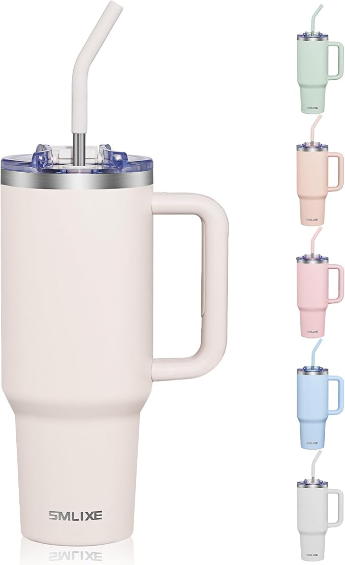 40 oz Tumbler With Handle and Straw Lid, Vacuum Insulated Travel Coffee Mug Stainless Steel Insulated Cup for Beverages, Leak-proof, Cupholder Friendly (Beige) - Bloomnest