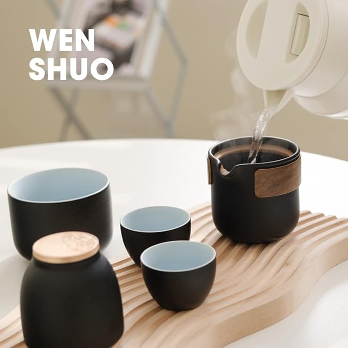 Chinese Tea Set, Ceramic Tea Cup Set, Wood Handle Tea Pot, Black Glaze, with Tea Caddy and Portable Bag