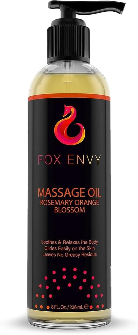 Massage Oil for Couples, Women & Men (1 Bottle, 8 fl oz) - Fox Envy Orange Blossom with Rosemary Scented Sensual Oil with Coconut Oil & Jojoba Oil - Enhances Stimulation for The Body & Muscles