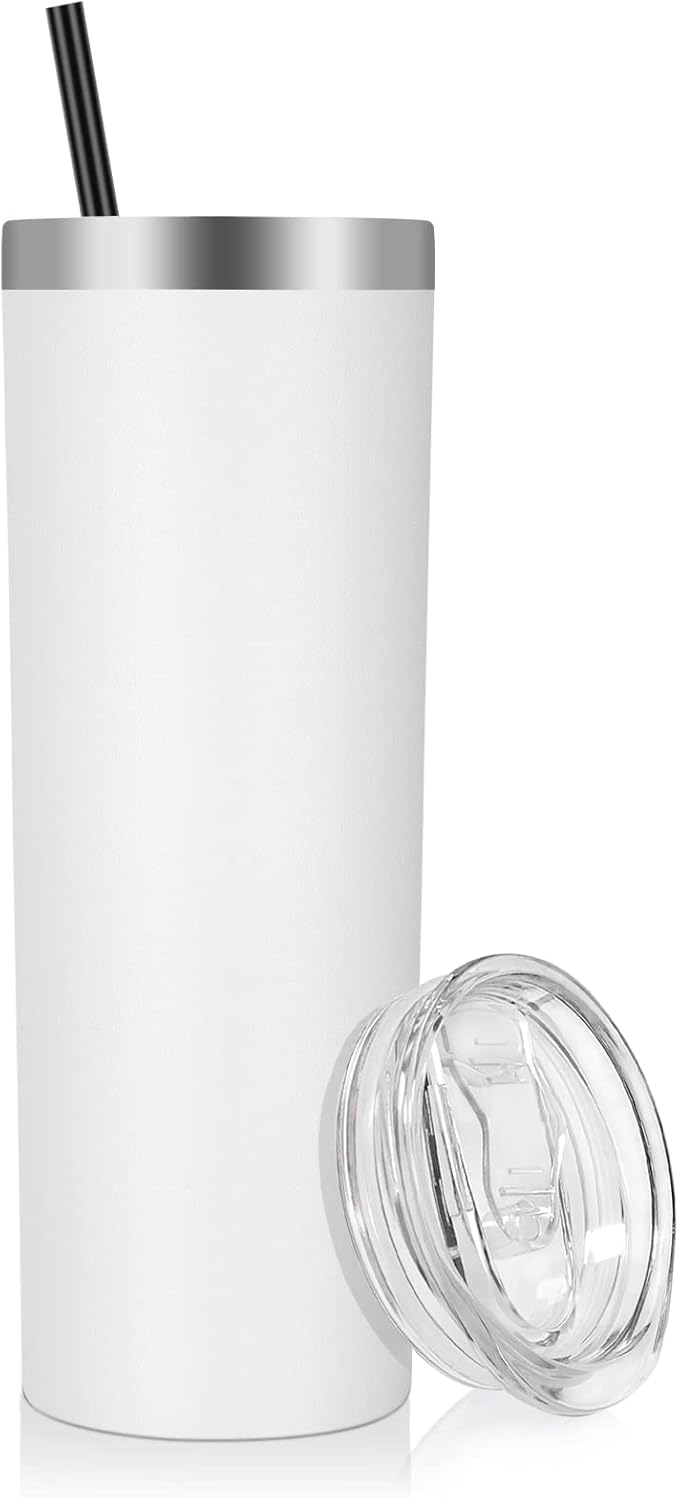 VEGOND Stainless Steel Skinny Tumbler, 20 oz Vacuum Insulated Tumbler with Lid and Straw, Double Wall Coffee Cup, Travel Mug for Cold Hot Drinks, White 1 Pack - Bloomnest