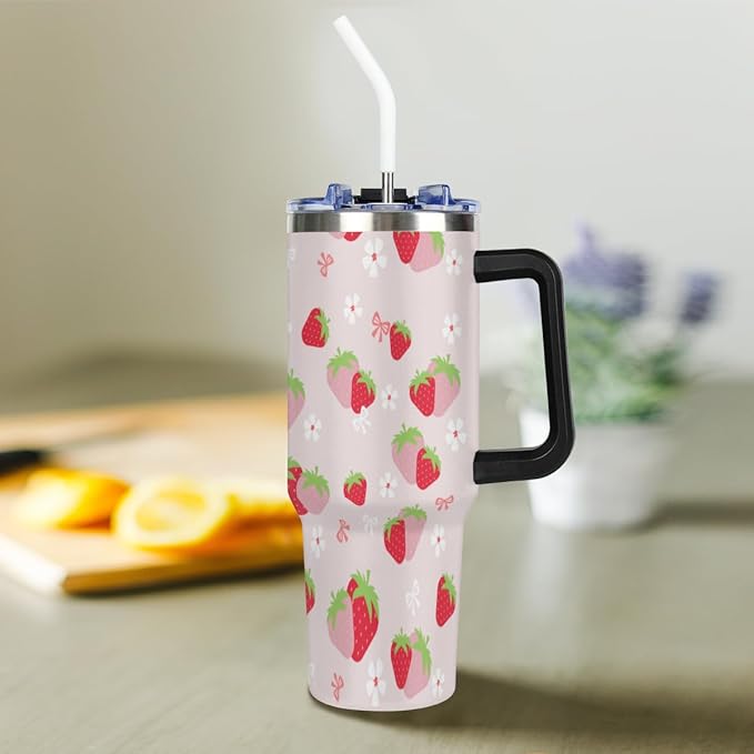 AUUXVA Cute Strawberry Print Thermal Cup for Kids, 40oz Water Bottle with Straw, Stainless Steel Tumbler with Handle, Cup for Cold and Hot Drinks, Adorable Cartoon Fruit Pattern - Bloomnest