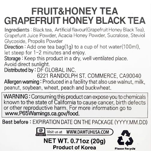 Damtuh Grapefruit Honey Black Tea – Fruity & Sweet Herbal Tea Blend, 20 Tea Bags (1g each) - Bloomnest