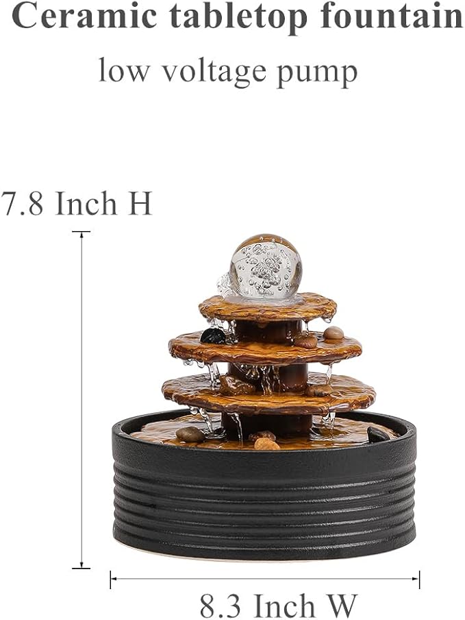 Outdoor and Indoor Ceramic Fountain Waterfall Water Feature Tabletop Home Office Kitchen Decoration (Black)