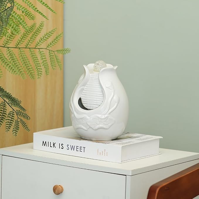 Fountain Tabletop Indoor and Outdoor Home and Garden Decoration Waterfall Water Feature Ceramic mini Fountain (White S084)