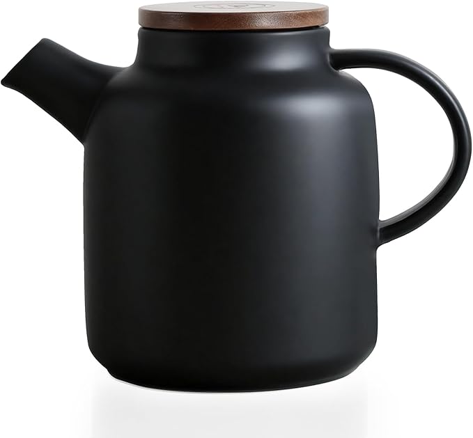 Yundu 1500ml / 50 oz Ceramic Teapot with Infuser & Wood Lid - Matte Black, Loose Leaf Tea Pot with Removable Strainer, Large Capacity - Bloomnest