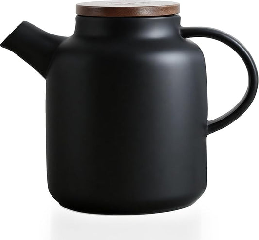 Yundu 1500ml / 50 oz Ceramic Teapot with Infuser & Wood Lid - Matte Black, Loose Leaf Tea Pot with Removable Strainer, Large Capacity - Bloomnest