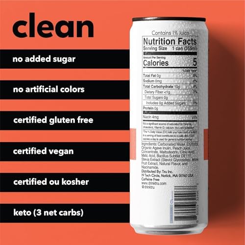 Tru Gut Seltzer, Sparkling Water with Prebiotics, Probiotics & Vitamin B3, Peach Juice & Natural Flavor, Lightly Carbonated, Gluten Free, Vegan, Caffeine Free, Low Calorie, 12 FL OZ Cans, 12 Pack - Bloomnest