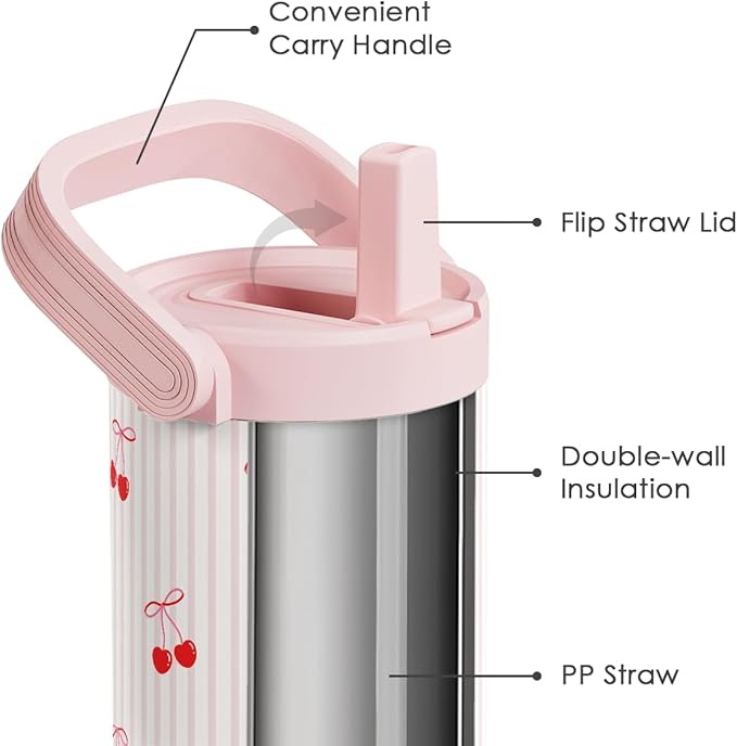SANDJEST Cherry Stainless Steel Straw Lid Tumbler 30oz with Carry Handle for Women Girls, Aesthetic Insulated Travel Coffee Cup, Gift for Sports Workout Birthday Christmas - Bloomnest