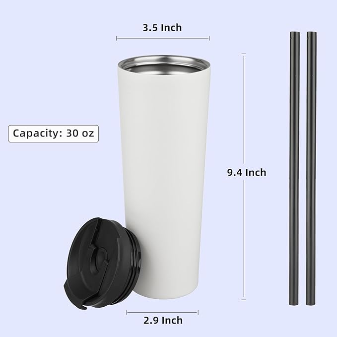 30 OZ Insulated Tumbler with Lid and 2 Straws Stainless Steel Water Bottle Vacuum Travel Mug Coffee Cup,Angel White - Bloomnest