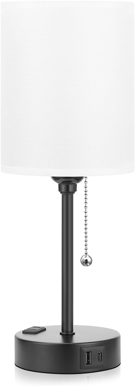 Small Bedside Table lamp for Bedroom - 3 Color Temperatures Bedside Lamps with USB C and A Ports, Pull Chain Table Lamps with AC Outlet, White Nightstand Lamps with Black Metal Base for Kids Reading - Bloomnest