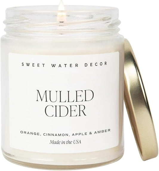 Sweet Water Decor Mulled Cider Candle - Fall Scented with Cinnamon, Icing and Cinnamon Buttery Pastry for Home - Fall Soy Candle with 40 Hours Burn Time - 9Oz Gold Lid Clear Jar Mulled Cider Scents - Bloomnest