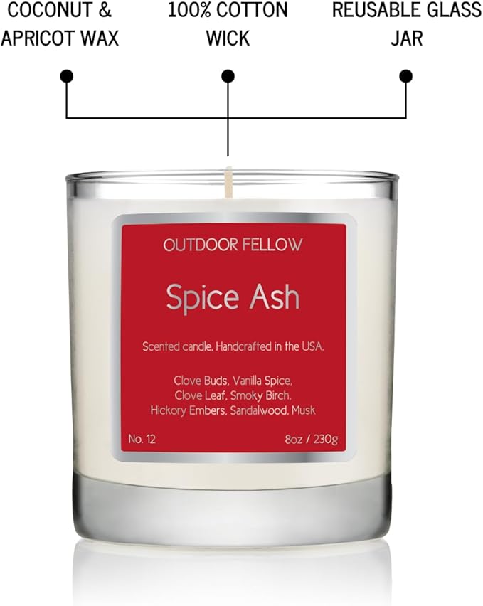 Outdoor Fellow Spice Ash Candle | Luxury Scented Candle with Coconut & Apricot Wax Blend | Clove, Smoky Birch, Sandalwood & Musk | 40+ Hour Burn Time | Perfect for Home or Gifting (8oz) - Bloomnest