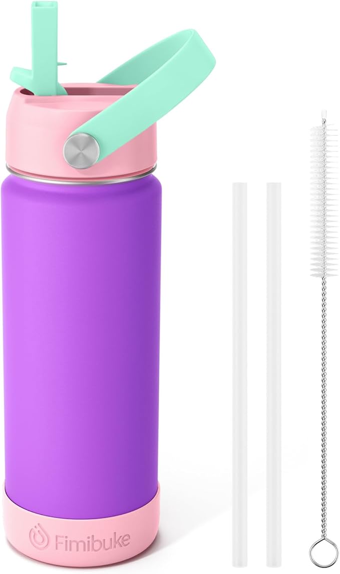 Fimibuke Kids Insulated Water Bottle, 18oz BPA FREE 18/8 Stainless Steel Kids Cup with Straw Travel Tumbler Double Wall Vacuum Leak Proof Toddler Water Bottle for School Boys Girls(1 Pack, Amethyst) - Bloomnest