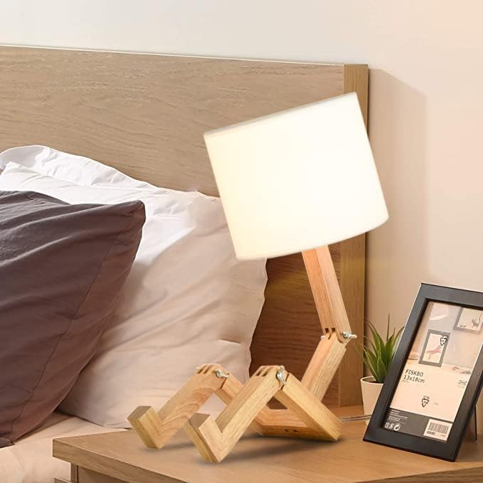 ELINKUME Robot Desk Lamp Set of 2, Creative Bedside Lamp for Bedroom,Wooden Lamp Body Adjustable,DIY E26 Living Room Table Lamps with Fabric Shade,Modern Indoor Decorative Lighting, TB-QBT005-WHM2 - Bloomnest