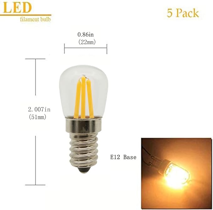4W E12 LED Filament T20 Night Light Bulb,3000K Warm White LED Salt Lamp Bulbs, 110V Dimmable,Equivalent 40 Watt Light Bulbs E12 Candelabra Base Salt Lamp Light Bulb,Pack of 5 - Bloomnest