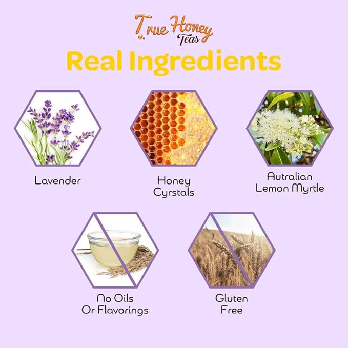 True Honey Lavender Lemonade Tea Bags - Tranquil Tea for Sleep, Stress Relief and Calm - All Natural Organic Lemon Myrtle Herbal Caffeine-Free Blended with Honey Crystals - 24 Count - Bloomnest
