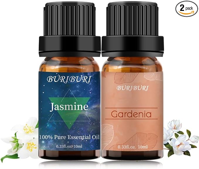 BURIBURI Jasmine Oil and Gardenia Essential Oils Gift Set, 100% Pure, Undiluted, Natural, Organic Aromatherapy Jasmine Essential Oils for Diffuser, Massage, 10MLx2 BURIBURI