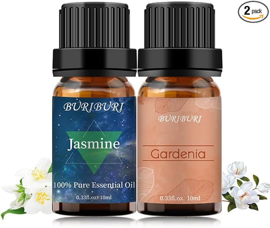 BURIBURI Jasmine Oil and Gardenia Essential Oils Gift Set, 100% Pure, Undiluted, Natural, Organic Aromatherapy Jasmine Essential Oils for Diffuser, Massage, 10MLx2 BURIBURI