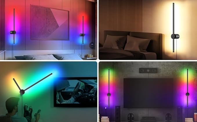 RGB LED Wall Sconces Set of Two with Remote, 15 Color Modes, Dimming, DIY 180° Rotate, Black Plug in Wall Sconces with Warm Light, Dynamic Multicolor Ambience Lights, Plug in Wall Light, 23.6 Inches - Bloomnest