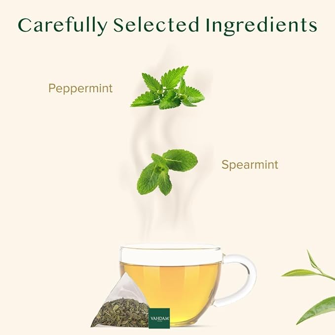 VAHDAM, Pure Mint Herbal Tea (100 Pyramid Tea Bags) Caffeine Free, Non GMO, Gluten Free | Blend of Spearmint & Peppermint - Sweet & Minty | Resealable Ziplock Pouch - Bloomnest