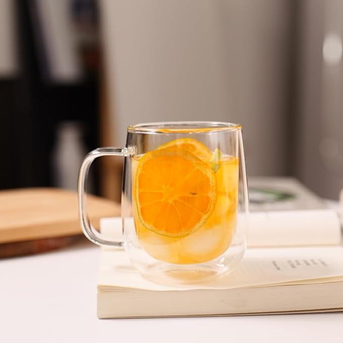 CNGLASS Large Double Wall Glass Coffee Mug 15.2oz,Clear Insulated Glass Espresso Cup with Big Handle,Clear Glass Espresso Mugs for Latte,Cappuccino,Tea Bag,Hot and Cold Beverages,set of 4 - Bloomnest