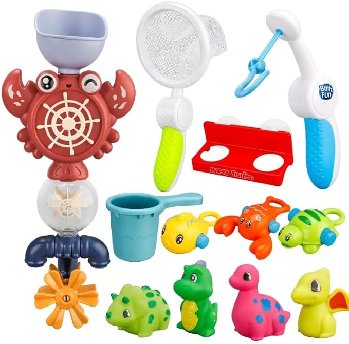 Bath Toys Set, Toddlers Bath Toys 1-3, Kid Bathtub Toy with 4pcs Dinosaur Water Spray, Fishing Games with Fish Net, Water Pool Toy , Shower Toy Gift for Boy Girl Infant - Bloomnest