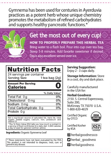 Gymnema Leaf Tea | 100% Organic Herbal Tea for Healthy Metabolism | Natural Sweet Cravings Support | Caffeine-Free, Keto-Friendly, Vegan, Gluten & GMO-Free | 24 Unbleached Tea Bags - Bloomnest