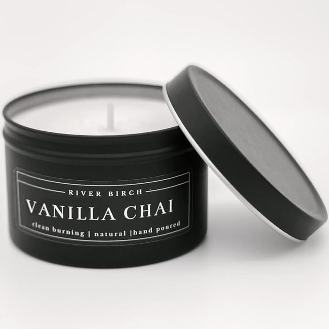 River Birch Candles Vanilla Chai Scented Candle | Premium, All-Natural, Non-Toxic, Soy Candles | 8 oz. Matte Black Tin Travel Candle | Cozy Relaxing Gifts for Home - Bloomnest