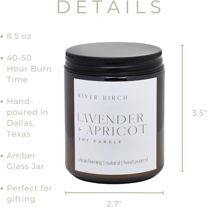 River Birch Candles Lavender + Apricot Scented Candle | Premium, All-Natural, Non-Toxic, Soy Wax, Amber Jar | 8.5oz 40 Hr Burn Time | Cozy Relaxing Gifts for Home - Bloomnest