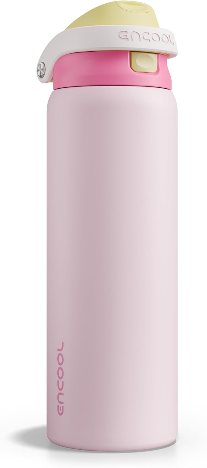 ENCOOL Leakproof Insulated Water Bottle with Straw Dual-Sip Water Bottle Bag-Safe Design for Work, Commute & Gym – Keeps Drinks Cold All Day, 32 oz, Butter Rose ENCOOL
