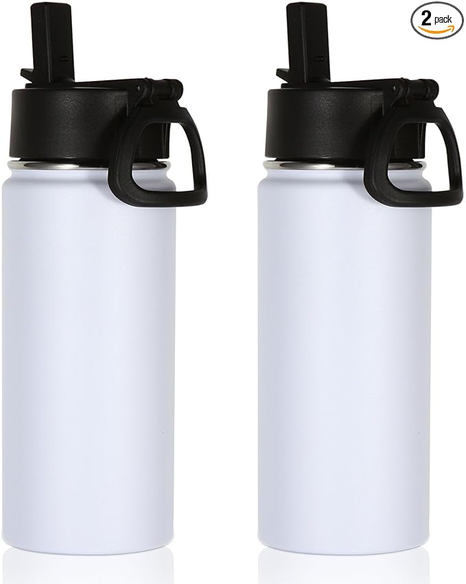 Volhoply 16 OZ Kids Water Bottle Bulk 2 Pack,Insulated Sports Bottles with Straw Lid,Stainless Steel Bottle with Handle Keep Cold & Hot,Double Wall Vacuum Tumbler Cups for School,Girls(White, 2) - Bloomnest