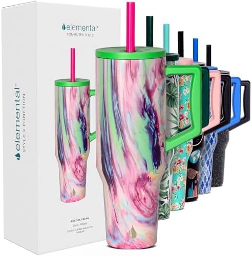 Elemental 40 oz Tumbler with Handle and Straw - Spill Proof Insulated Stainless Steel Commuter for Hot and Cold Beverages - Travel Coffee Mug with 2 Straws & Spill Proof Lid - 40oz - Aurora Dream - Bloomnest