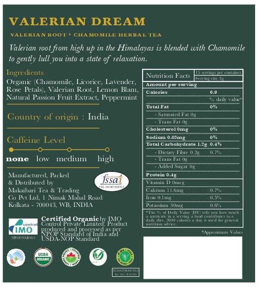 Luxmi Estates Valerian Dream Organic Valerian Root Tea (25 Tea Bags) Caffeine Free Tea Bags For Sleep, Relaxing, Calming, and Stress Relief, With Certified Organic Valerian Root Tea - Bloomnest