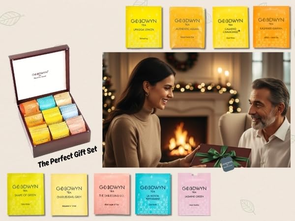 Goodwyn Assorted Tea Sampler Box – 90 Individually Wrapped Tea Bags | Premium Herbal, Black & Green Tea Collection in Reusable Wooden Chest | 9 Flavors x 10 Each: Peppermint, Chamomile, Assam, Darjeeling, Lemon, Green Tea, Kahwa, Jasmine, Earl Grey | I... - Bloomnest