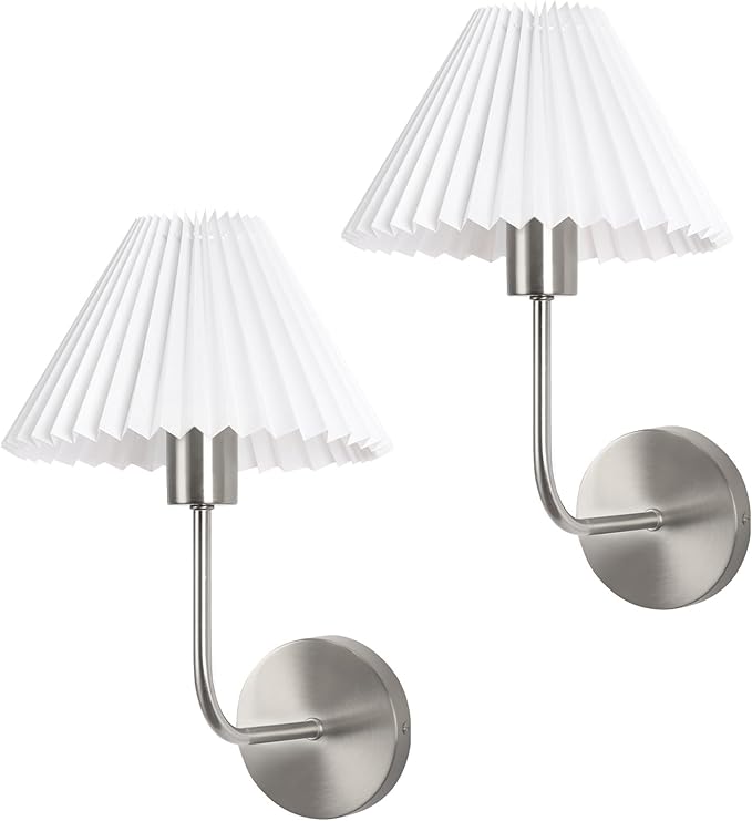 Wireless Wall Sconce Sets of 2, Pleated Shades Rechargeable Battery Operated Wall Sconce, Retro Industrial Brushed Nickel Bathroom Vanity Lights, Wall Mounted Lamps for Bedroom Living Room Hallway - Bloomnest