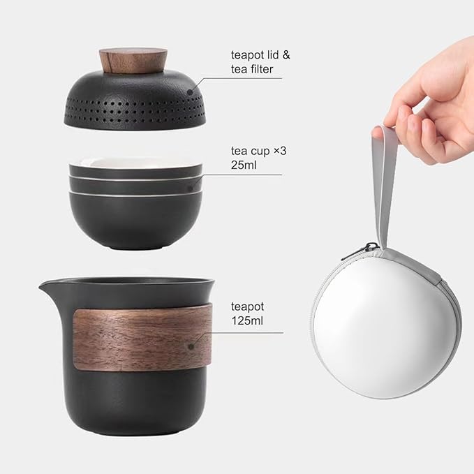 Mini Travel Ceramic Tea Pot Set Chinese Kung Fu Teapot, 1 Pot 3 Cups Porcelain Teacups with Tea Infuser Portable Bag for Home Office Outdoor Picnic Black