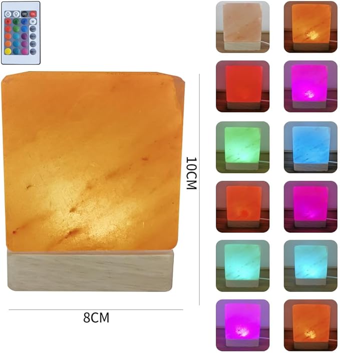USB Colour Gradient Himalayan Salt lamp, Solid Wood Base Atmosphere Decoration Square Salt lamp with Remote Control, Natural Crystal Stone Bedside Night Light, Handmade Crafts.