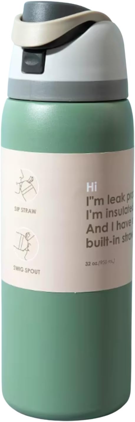 DUTHINGS Insulated Stainless Steel Water Bottle with Straw, 32 oz, Reusable Sports and Travel Bottle for School, Kids, and Outdoors - Leakproof and BPA-Free (GREEN) Bloomnest