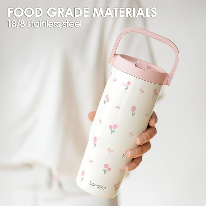 SANDJEST Tulip Stainless Steel Straw Lid Tumbler 30oz with Carry Handle for Women Girls, Insulated Travel Coffee Cup, Gift for Sports Workout Christmas Birthday - Bloomnest