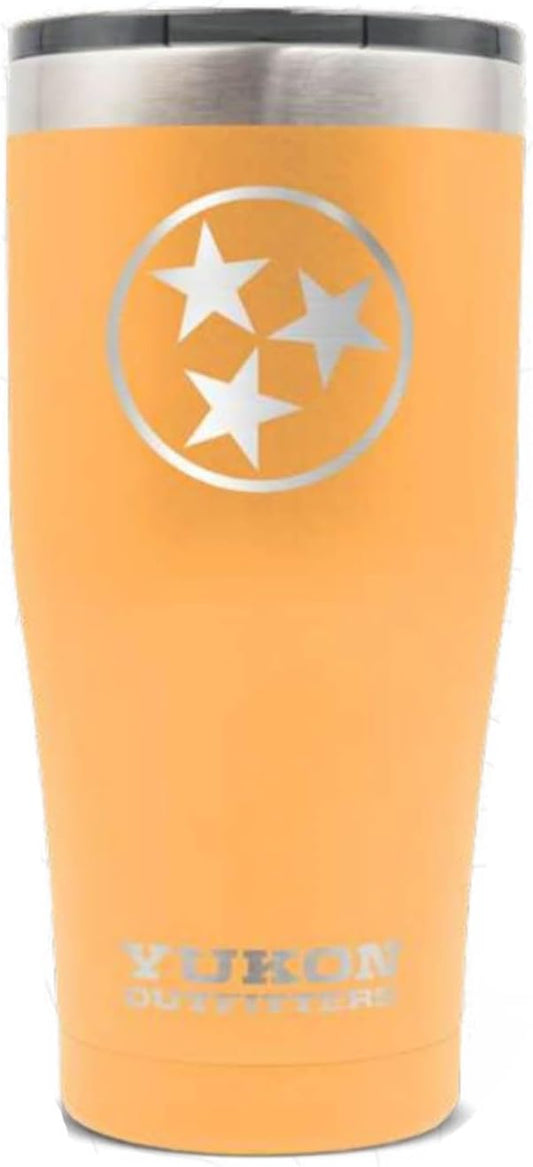 Yukon Outfitters Freedom High Grade 18/8 Corrosion-Resistant Stainless Steel Double Wall Vacuum Insulated Tumbler (20 oz/ 590ml) - 7.3" H x 3.4" Top dia. / 2.7" Bottom dia., TN Tri-Star Bright Peach - Bloomnest