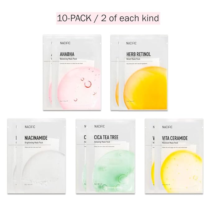 KOSBEAUTY NACIFIC Face Masks Skincare Korean – Premium 10-Sheet Variety Pack for Ultimate Skin Nourishment – Hyaluronic Acid, Ceramide & Vitamin-Infused for All Skin Types - Bloomnest