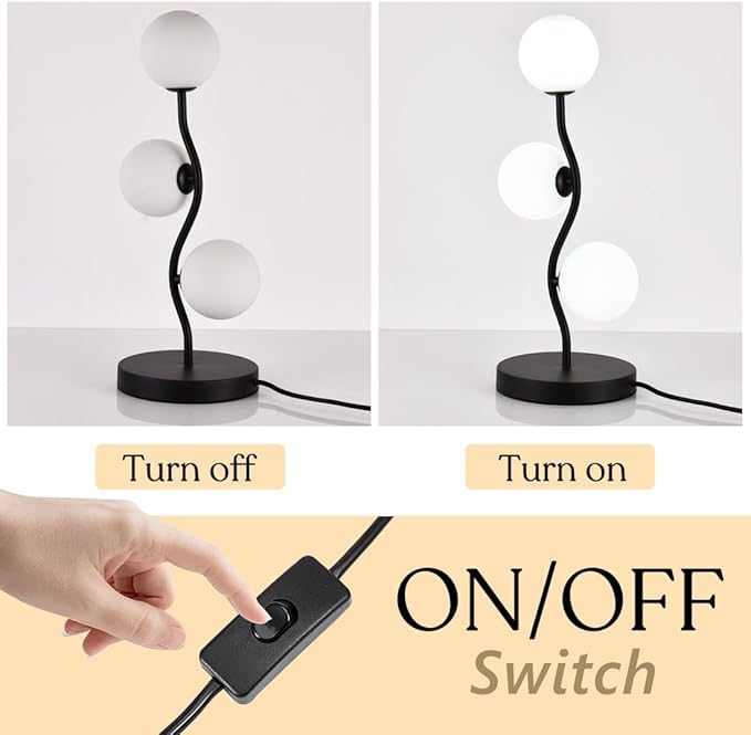 3-Light Curve Black Globe Table Lamp Mid Century Flower Beside Desk Table Light with Milk White Glass Shade Metal Base Nightstand Lamp for Bedroom Bedside - Bloomnest