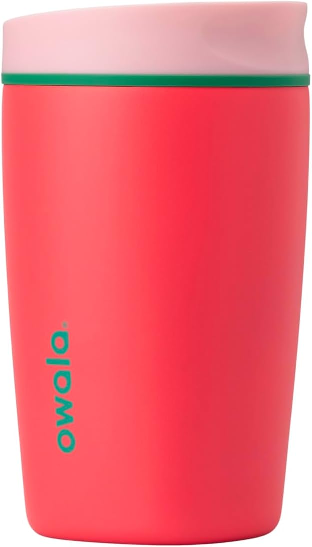 Owala SmoothSip Slider Insulated Stainless Steel Coffee Tumbler, Reusable Iced Coffee Cup, Hot Coffee Travel Mug, BPA Free 12 oz, Pink/Red (Strawberry Fields)