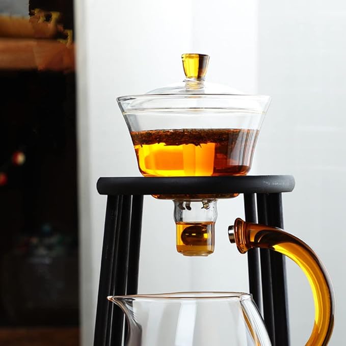 Mozeo Glass Semi-automatic Tea Set Wooden Glass Tea Set Water Diversion Rotating Cover Bowl Lazy Tea Maker Teapot Kungfu Fu teacup (Wooden Yellow Handle Teapot) - Bloomnest