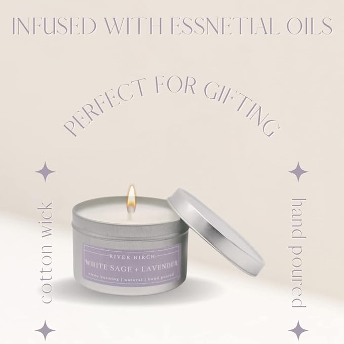 River Birch Candles White Sage + Lavender Scented Candle | Premium, All-Natural, Non-Toxic, Soy Candles | 8 oz. Silver Tin Travel Candle | Cozy Relaxing Gifts for Home - Bloomnest